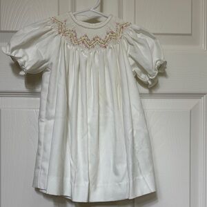 Luli & Me White Formal Smocked Dress with Pink and Green Embroidery